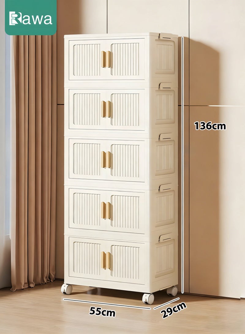 روعة خزانة تخزين بلاستيكية قابلة للطي من 5 طبقات مع أبواب قابلة للطي وعجلات، عرض 55 سم قابلة للتكديس - Image 1